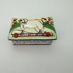 Chinemel Enamel Box Hand-Painted by  Yee Sheep Floral Vintage Trinket Box